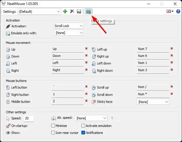 きちんとしたマウスでより多くの設定を開く